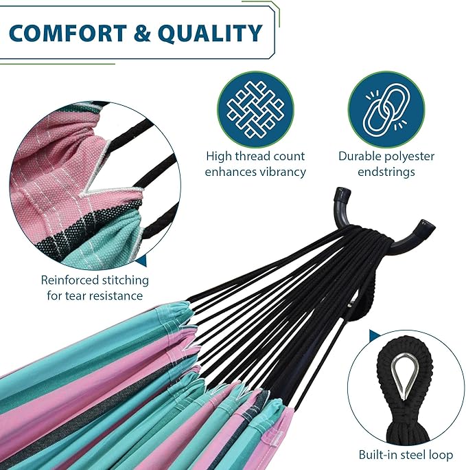 Vivere Double Cotton Hammock with Space Saving Steel Stand, Upgraded Polyester End Strings 450 lb Capacity - Premium Carry Bag Included - USA Grown Cotton (Watermelon)