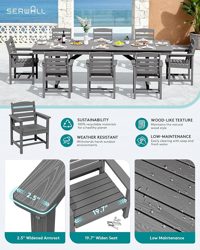 SERWALL Outdoor Dining Chairs Set of 4 with Arms, All-Weather HDPE Patio Chair with 19.7" Widened Seat, for Backyard, Garden, Gray