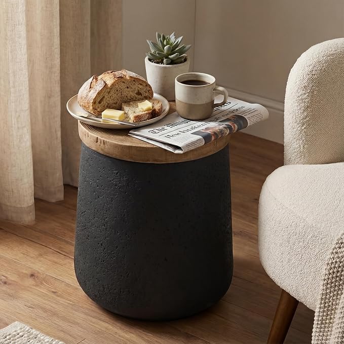 HOMPUS Outdoor Concrete Side Table, Modern Cylinder Pedestal End Table, Home Decor Small Accent Table w Wood Grain Top, Multi-Functional Round MgO Coffee Table, Round Planter Stand for Garden, Black