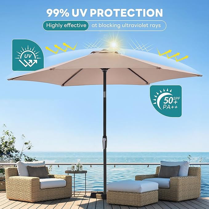 OLIXIS 9FT Patio Umbrella with Tilt and Crank Button & Sturdy Ribs Waterproof, 9Feet Patio Table Umbrella Perfect for Poolside, Terrace, Beach and Outdoor Restaurant