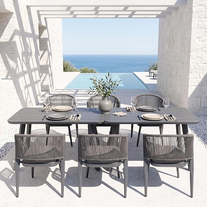 8-Pcs Aluminum Outdoor Dining Set, All-Weather Rattan Patio Furniture Set Include Two 51.2" Rectangular Tables & 6 PE Wicker Chairs with Waterproof Cushions for Balcony Backyard Garden Deck BBQ (Grey)