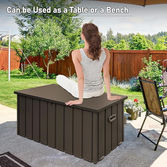 Domi 160 Gallon Deck Box Outdoor Storage Box, Large Metal Storage Cabinet Waterproof Lockable Container for Patio Furniture Cushions Garden Tools Pool-Supplies, Brown