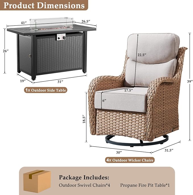 Luxury High Back Patio Furniture Set with Fire Pit Table & 6-Inch Thick Cushions, 5-Pieces Outdoor Furniture w/ 4 Swivel Chairs, Wicker Conversation Set for Porch, Balcony, Deck and Yard, Yellow/Beige