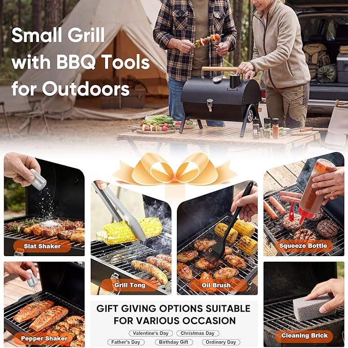 Portable Charcoal Grill with Basic BBQ Tools, HaSteeL Compact Tabletop Barbecue Grill with Thermometer, Small Smoker for Outdoor Camping Backyard Beach BBQ, Thick Steel, Easy to Assemble