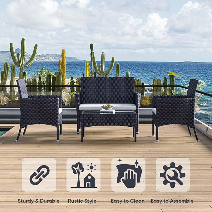 Outdoor Furniture Set of 4 Pieces with PE Waterproof Rattan Tempered Glass Table and Thick Cushions Suitable for Gardens Porches Terraces and Balconies Easy to Assemble Black and Beige