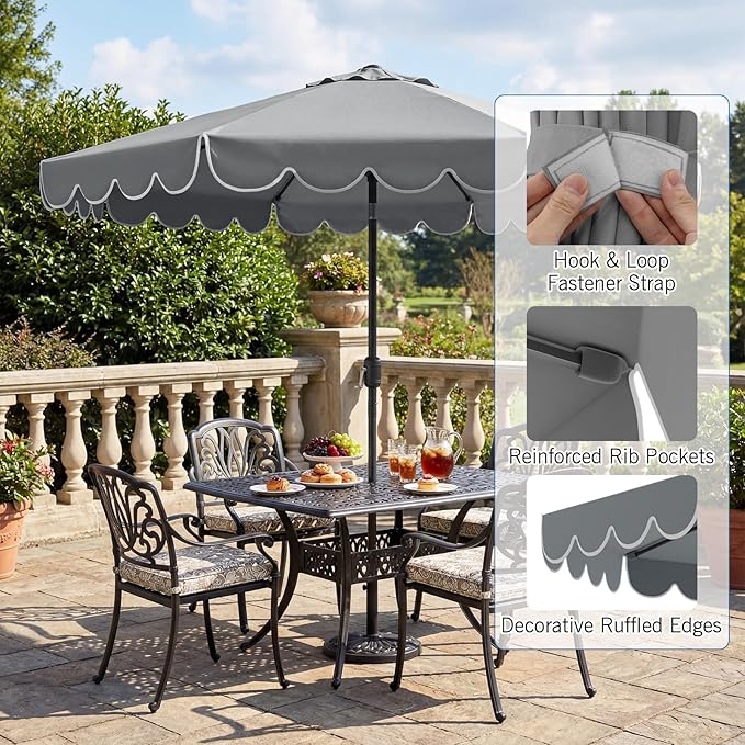 RELAX4LIFE 10 FT Scalloped Patio Umbrella, Market Table Umbrella with Push Button Tilt, Crank, 8 Sturdy Metal Ribs, Vented Top, Sun-Protective Ruffled Canopy, Heavy-duty Outdoor Parasol for Garden Poolside Deck