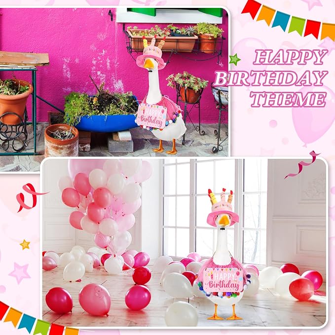 Happy Birthday Porch Goose Outfit Lawn Goose Cloth Costume for 23" Cement Plastic Patio Yard Statue Outdoor(Pink,Tutu Skirt)