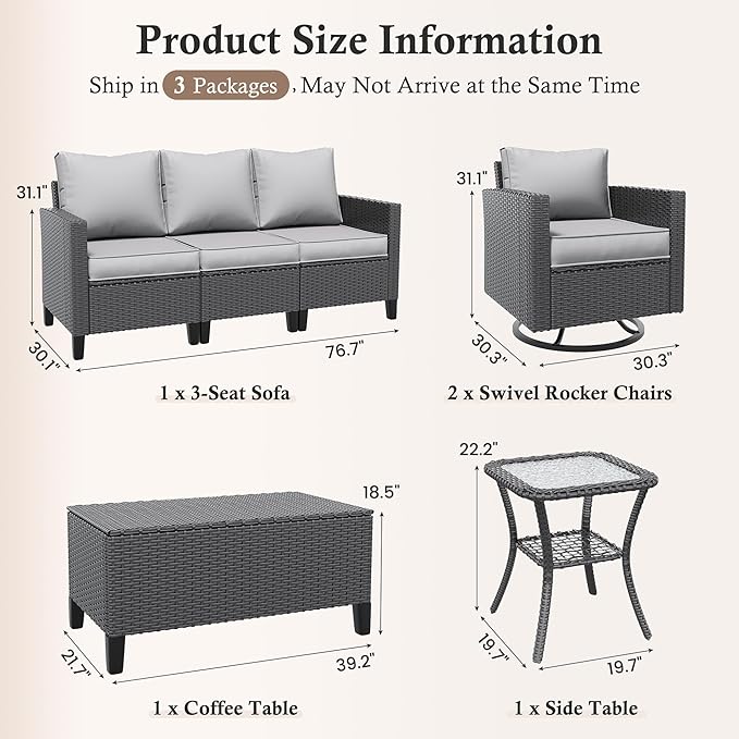 Amopatio Patio Furniture Set, 5-Piece Wicker Outdoor Sectional Sofa with Swivel Rocker Chairs, Rattan Conversation Set with Storage Coffee Table and Waterproof Cover for Backyard Black/Light Grey