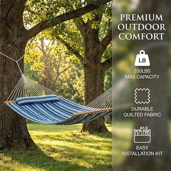 Ferrisland Double Hammock for Outside, Blue Green Striped Soft Hammock for Indoor Outdoor Patio Yard Garden and Balcony, 550 lbs Weight Capacity Portable Hammock with Carrying Bag (Blue Green Striped)