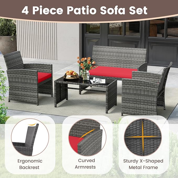 HAPPYGRILL 8 Piece Rattan Wicker Patio Conversation Set, Outdoor Furniture with Chair Loveseat Table & Cushion, for Backyard Porch Balcony (2, Red)