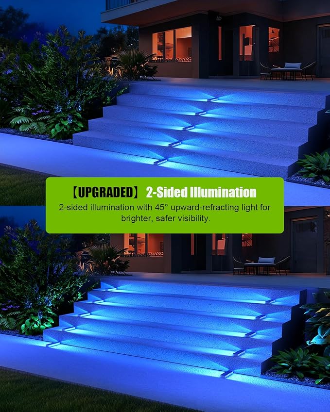 DetarZinLED Blue Solar Step Lights, 12 LEDs 2-Sided Glow, IP68, 4 Pack | IP68 Waterproof, Solar Powered, Auto ON/OFF, Stick on, Sturdy Polycarbonate Shell, for Outdoor Dock, Deck, Flat, Stair, Porch