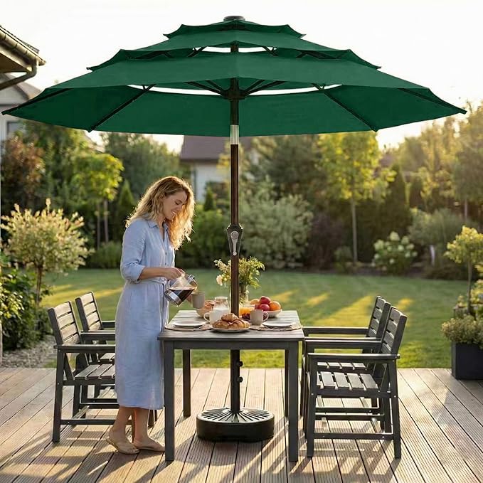 10ft 3-Tier Patio Umbrella with 32 Solar Powered LED Lights, Windproof Outdoor Market Umbrella for Deck, Poolside & Garden, Sturdy Push-Button Tilt Table Umbrella, Forest Green
