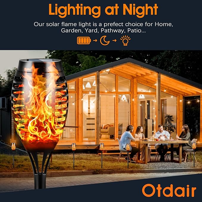 Otdair Solar Halloween Lights Outdoor Waterproof, 12 Pack 12LED Tiki Torches for Outside with Flickering Flame, IP65 Backyard Lights Outdoor Auto On/Off for Garden, Patio, Yard, Pathway