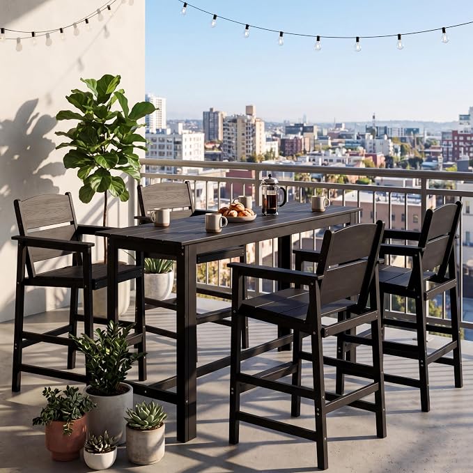 6 Pack Outdoor Bar Stools, HDPE Plastic Patio Bar Chairs with Armrests & Footrest, Weather Resistant All-Weather Counter Height Chairs for Outdoor Deck, Backyard, Poolside,Black