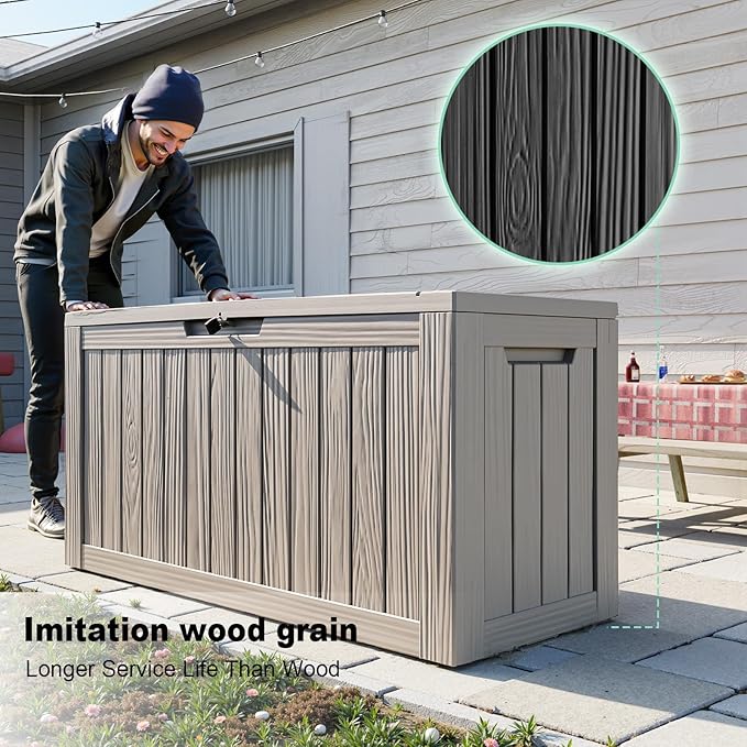 ROJIK 85 Gallon Deck Box Outdoor, Waterproof Outdoor Storage Boxes with Lids, Outside Resin Lockable Storage Box for Patio Cushions, Garden Tools(Grey)