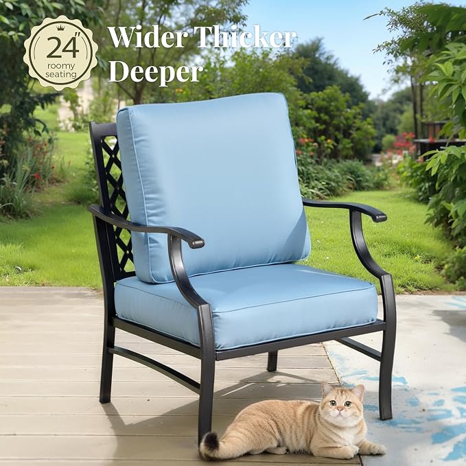 MIXPATIO Patio Furniture Set with Fire Pit Table, 5 Pcs Metal Outdoor Conversation Set, 4 Single Chairs with 5.75" Extra Thick Cushion and 28" Fire Pit Table for Backyard Deck, Blue
