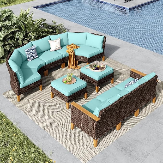 MFSTUDIO 10 Pieces Extra Large Wicker Patio Furniture Set, Outdoor Rattan Half-Moon Patio Sectional Sofa Set, 4 x Curved Sofa, 2 x Armless Chair, 2 x Ottoman, 2 x Corner Couch(Aqua Blue Cushions)