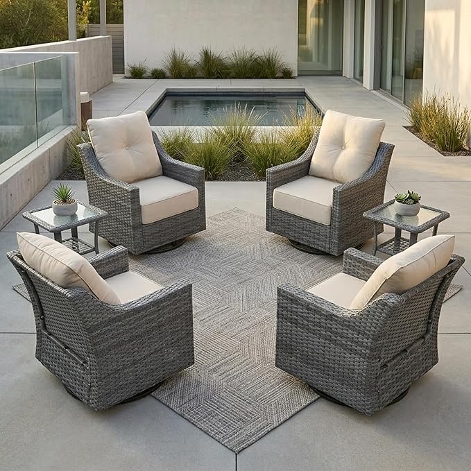 6 Piece Patio Furniture Set, Grey Wicker Outdoor Conversation Set with 4 Swivel Rocker Chairs and 2 Side Tables, 6-Inch Thick Cushions, Beige Olefin Covers for Patio, Porch, Deck