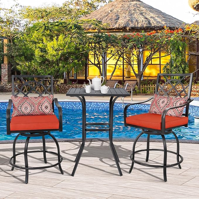 Patio Bar Table, Outdoor Bar Height Bistro Table with Umbrella Hole, Metal Frame and Slat Design, Black