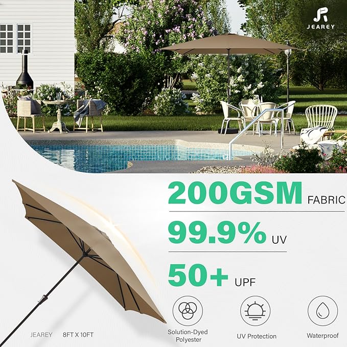 JEAREY 8x10 ft Rectangular Patio Umbrellas Outdoor Table Market Umbrella w/Crank, 8 Sturdy Ribs, UV Protection Windproof Sunproof for Garden, Deck, Backyard, Pool(Sand)