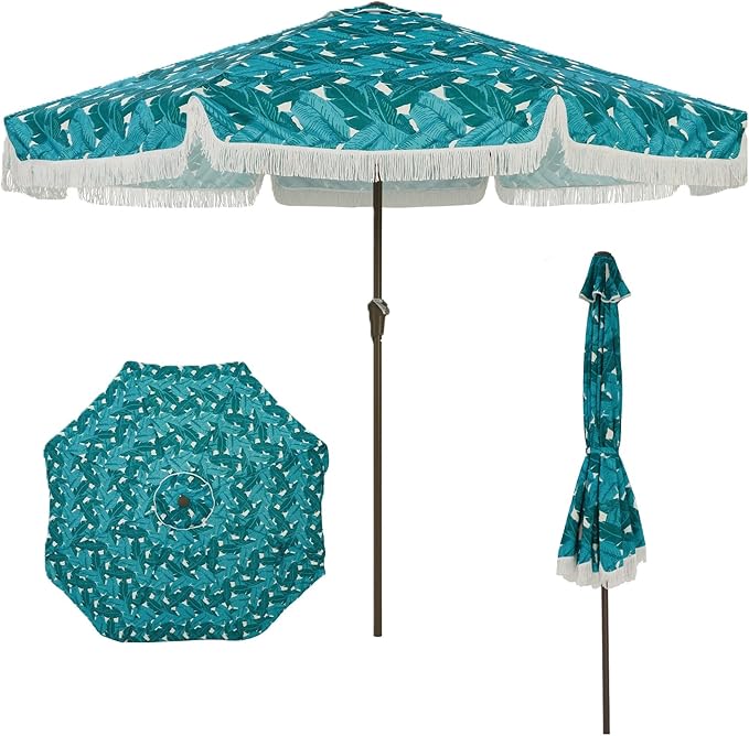 PeakPursuit 9 ft Patio Umbrella with Fringe, Tassel Outdoor Beach Umbrella for Sand with Push Button Tilt, 8 Fiberglass Ribs, UV 50+ Sun Protection for Garden, Pool, Backyard, Deck