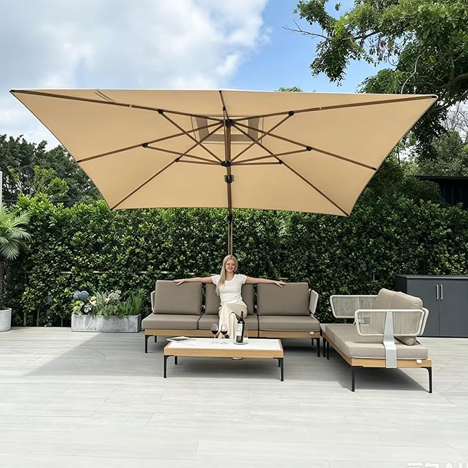 PURPLE LEAF 9' x 12' Rectangle Patio Cantilever Umbrella Large Hanging Umbrella Teak Finished Aluminum Frame Windproof Offset Outdoor Sun Umbrellas for Beach Pool Deck, Beige