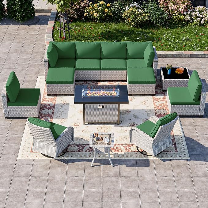 13-Piece Patio Furniture Set, Outdoor Patio Furniture with Swivel Chairs Set, Ottomans, 55,000 BTU Fire Pit Table, Modular Patio Sofa, Dual-Strand Wicker Rattan, Rust-Resistant Frame, Dark Green