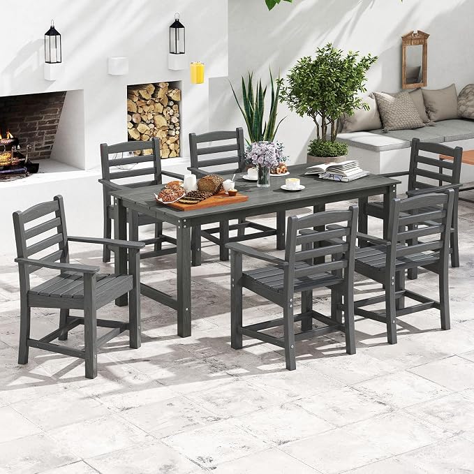 Tangkula Patio Dining Chairs Set of 4, HDPE All Weather Outdoor Chair w/Wide Armrests, Curved Seat, Wood Grain, Plastic Porch Chair for Backyard, Garden, Front Porch, Poolside (Gray, 4 Chairs)