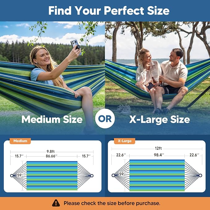 SUNCREAT Portable Tree Hammock, Double Hammocks 2 Person with Outer Bag, Blue Stripe