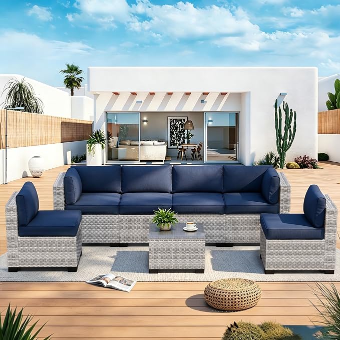 YLGJ&TIDY 7-Piece Outdoor Sectional Patio Furniture Set, All-Weather Wicker Rattan Sofa w/Thick Washable Cushions & Tempered Glass Table, Perfect for Garden, Poolside, Backyard (7, Gray White&Blue)