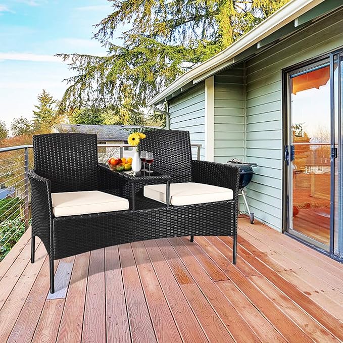 Tangkula Wicker Patio Conversation Furniture Set, Outdoor Furniture Set with Removable Cushions & Table, Tempered Glass Top, Modern Rattan Bench for Garden Lawn Backyard (White)