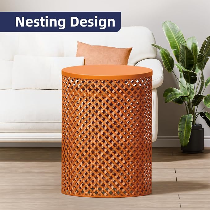 ChicFurnit Outdoor Side Table Set of 2, Cylindrical Metal Frame End Table, Decorative Garden Stool for Indoor Outdoor, Accent Garden Table Modern Nesting End Table for Patio Balconies, Cafes, Orange