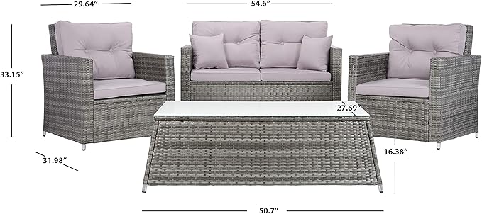 SAFAVIEH Outdoor Collection Lorma Grey/Grey Wicker 4-Piece Conversation Patio Set