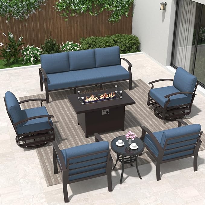 ALAULM Aluminum Patio Furniture Set with Propane Fire Pit Table Metal Outdoor Furniture w/Fire Pit Patio Conversation Sets w/5.1" Cushions and 7 Seats for Patio,Backyard,Poolside-Dark Blue