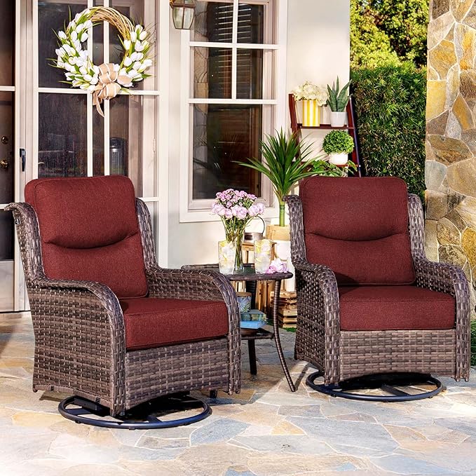 HILLGA Luxury Patio Furniture Set with 6-inch Thick Cushion, Outdoor High Back Swivel Rocker Patio Chairs, 3PCS Wicker Conversation Set for Deck Yard and Poolside, Burgundy (V2)