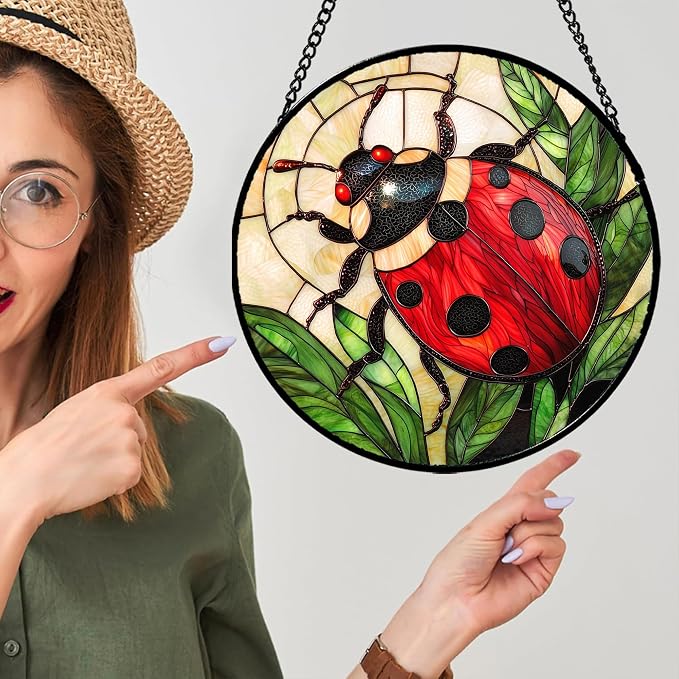 Stained Glass Window Hanging - Red Seven-Spotted Ladybug Sun Catcher for Door Home Decor Insect Suncatcher Christmas Mother's Day Birthday Gifts for Women Men Mom Nana 7.8 in