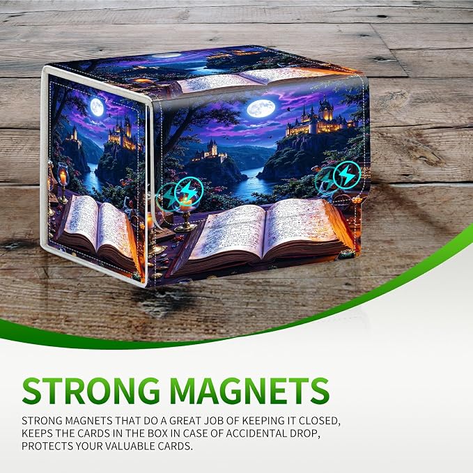 Card Deck Box for MTG, Cards Storage Box Fits 120+ Sleeved, Leather Small Size Strong Magnetic Closing Card Case for Board Games Magic TCG CCG Baseball Collection, Castle Book Purple