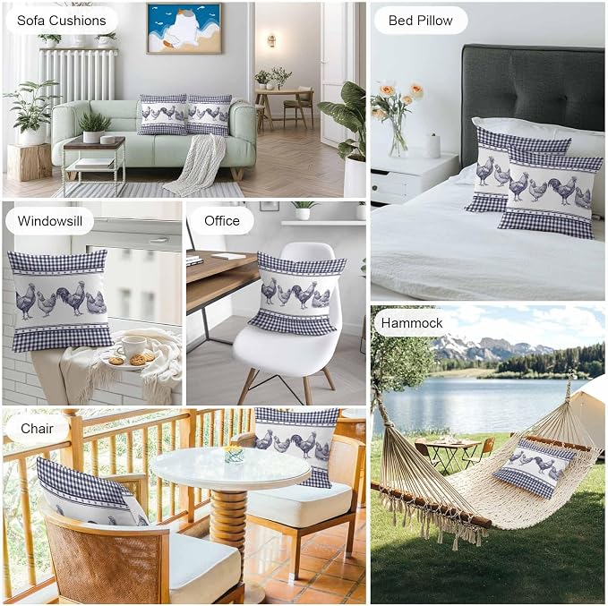 Navy Blue Rooster Outdoor Pillow Covers 18x18 Inch Throw Pillow Covers Set of 2 Waterproof Decorative Pillow Cases Vintage Farmhouse Blue Plaid Cushion Covers for Patio Furniture Garden Couch Sofa