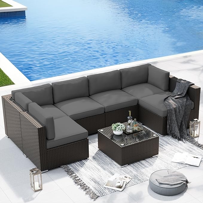 SUNCROWN 7-Piece Outdoor Patio Furniture Sofa Set All-Weather Black Wicker Sectional Conversation Set with Modern Glass Coffee Table and Cushions, Garden, Backyard, Deck, (Dark Grey)