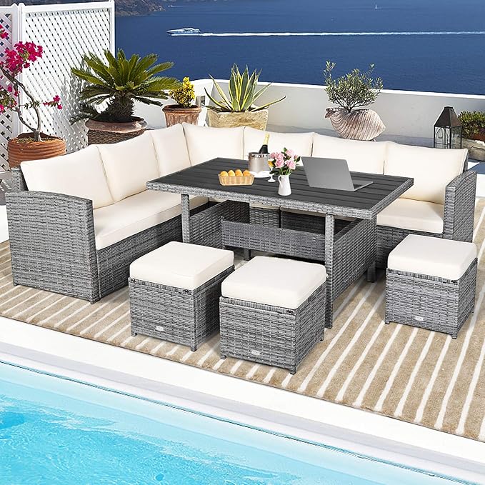 HAPPYGRILL 7 Pieces Rattan Wicker Patio Conversation Set, Outdoor Patio Furniture Set with Cushions, Rattan Sofa Set with Dining Table & Ottomans for Poolside Backyard Balcony Garden (Beige)