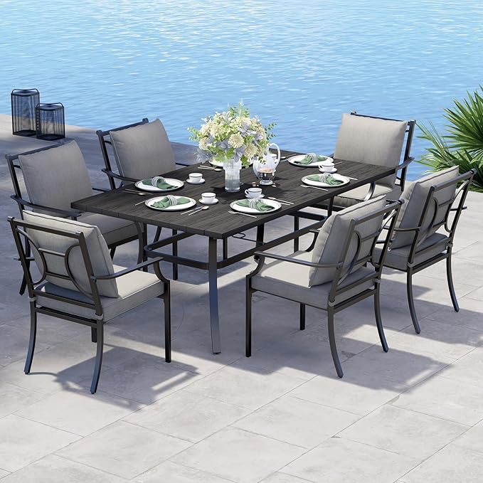 Grand patio 7-Piece Patio Dining Set for 6, E-Coated Outdoor Fixed Dining Set with Olefin Cushions,1 Rectangular Dining Table, Black with Umbrella Hole