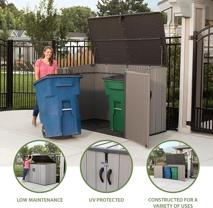 LIFETIME Horizontal Outdoor Storage Shed, Weather Resistant Resin Storage Can Fit Two Large Garbage Cans, Lockable Doors, Spring‑Hinge Lid, Low‑Maintenance Backyard Utility Shed