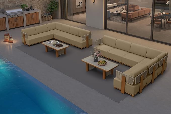 PURPLE LEAF Patio Furniture Set Modular L-Shaped Outdoor Sectional Sofa with 11" Thick Olefin Cushion 14-Piece Outdoor Conversation Set with Tables & Coffee Lights for Backyard Garden Poolside, Beige