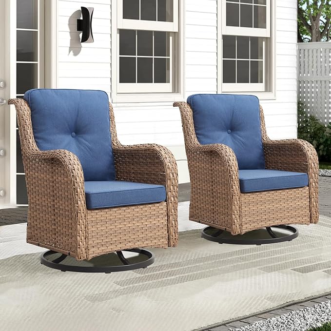 Outdoor Swivel Rocker Patio Chairs-Wicker Patio Swivel Chairs Set of 2 PE Rattan Patio Furniture for Porch Deck Balcony Garden-Yellow/Blue