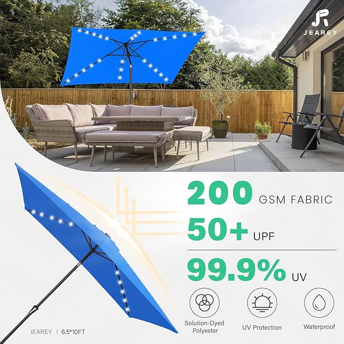JEAREY 6.5x10 ft Rectangular LED Lighted Patio Umbrellas Outdoor Solar Table Market Umbrella w/Push Button Tilt/Crank, 6 Sturdy Ribs, UV Protection Waterproof Sunproof(Royal Blue)