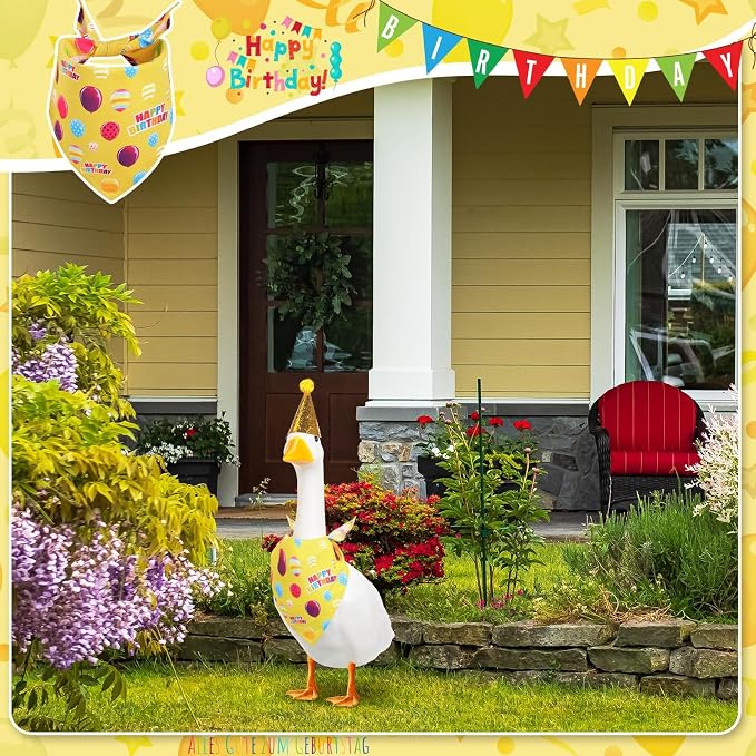 Happy Birthday Goose Outfit with Glitter Hat and Bandana,Yellow | for 23" 17" Cement Plastic Porch Goose, Outdoor Statue Patio Yard Lawn Art