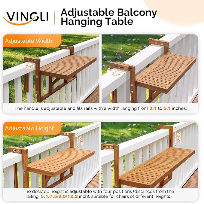 VINGLI 48in Acacia Wood Folding Balcony Hanging Table – Adjustable Height & Width, Balcony Railing Table Ideal for Different Railing Widths, Perfect for Balcony, Patio, Rectangular,Natural Wood Color