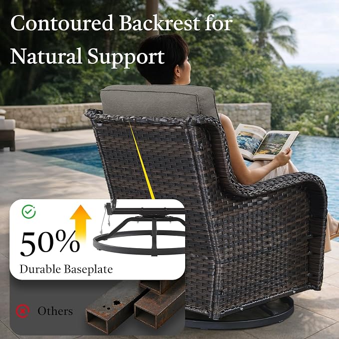8 Piece Patio Furniture Set with 41" Fire Pit Table - Patio Conversation Set with 4 Inch Thick Cushions and Deep Seating Swivel Glider Chairs Set of 4 & Outdoor Couch for Porch Deck Yard Pool