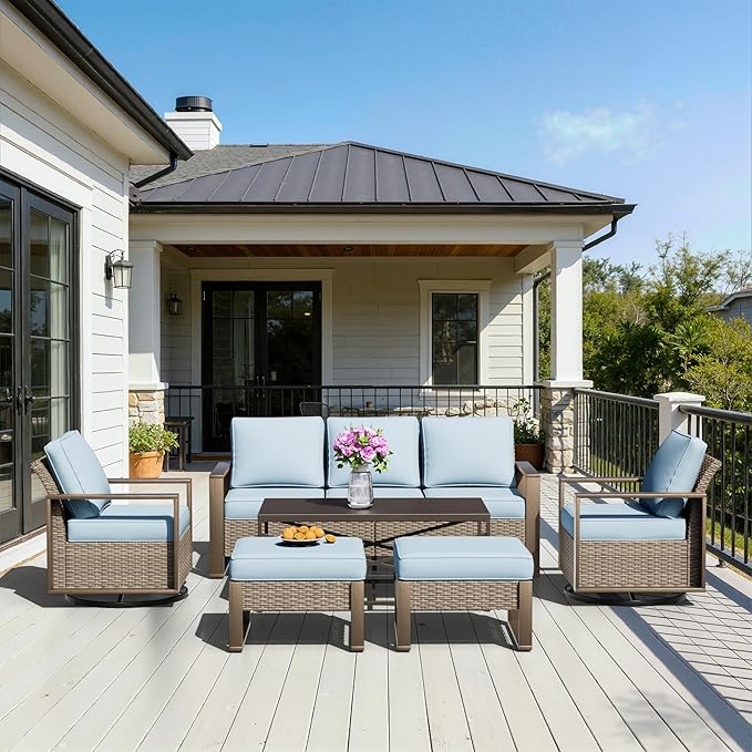 6 Pieces Metal Wicker Patio Furniture Set - 75" Sofa, Two Swivel Chairs and Two Ottomans, One Coffee Table All Weather Rattan Outdoor Conversation Furniture with Washable Cushion for Deck, Baby Blue