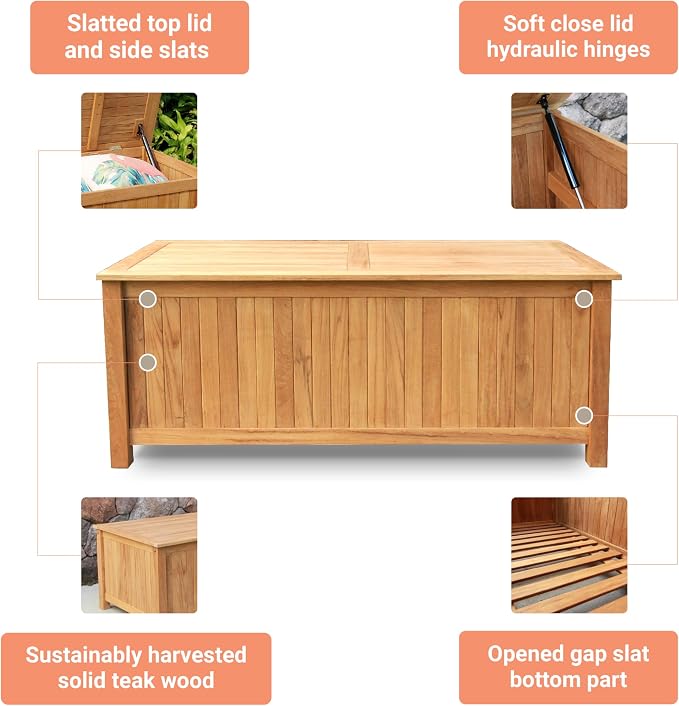 Cambridge Casual Arie 60-Inch Teak Outdoor Deck Box Storage Chest, Weather-Resistant Patio Organizer with Soft-Close Lid for Pool, Garden & Backyard, 119 Gallons